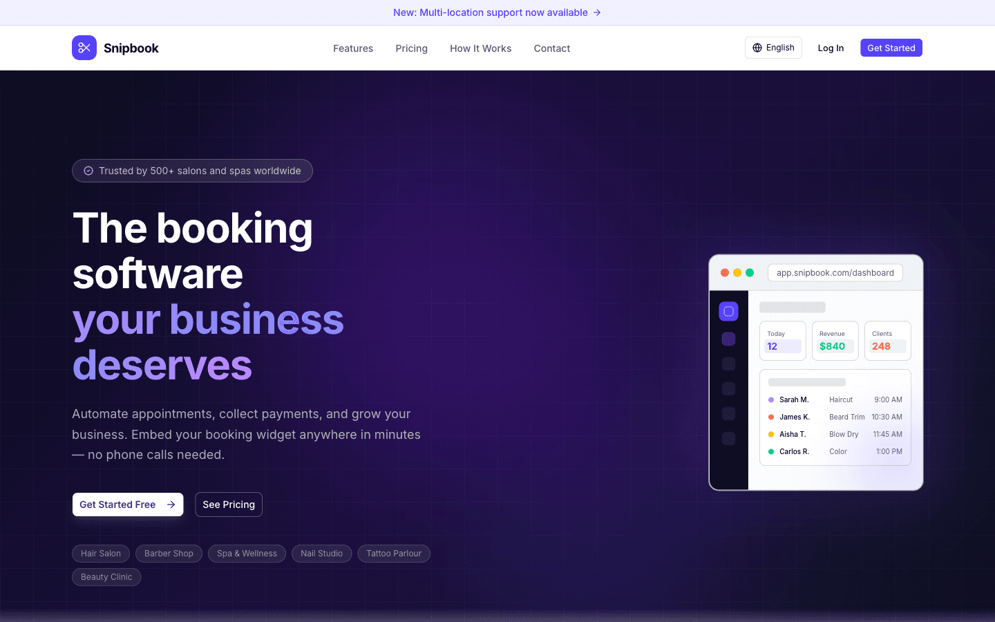 Snipbook — Salon Booking SaaS interface