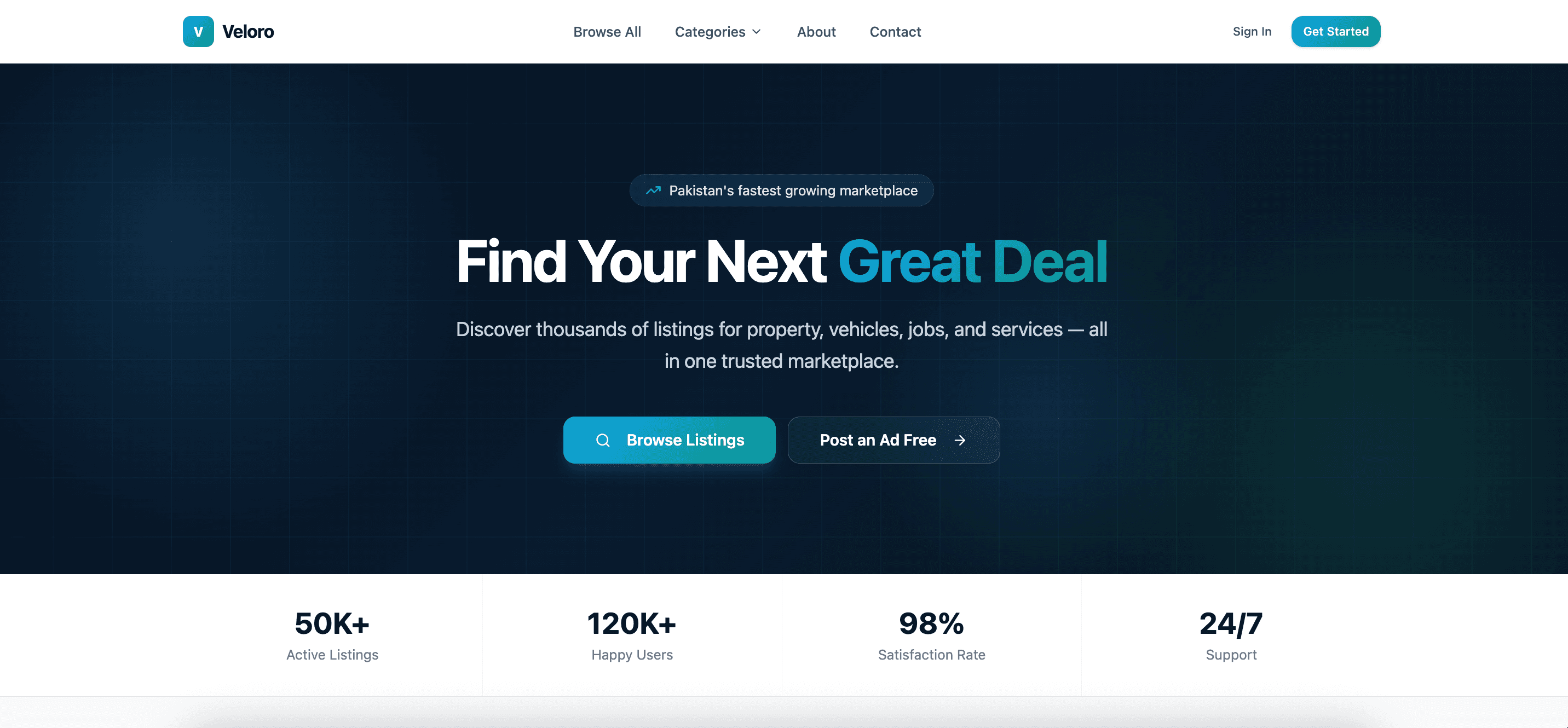 Veloro — Listings Marketplace SaaS interface